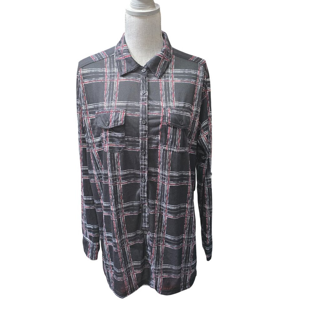 French Laundry Women's Plaid Black Red Multi Long Sleeve Shirt Blouse NWT 1X